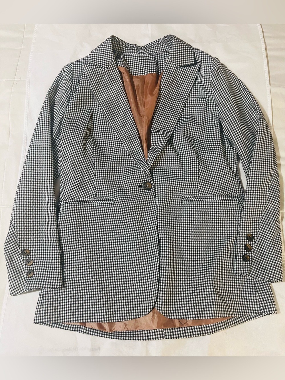 women’s black & white micro houndstooth blazer single-button closure large work - Picture 3 of 12